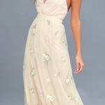 Lulu's Lorenzo Beige Embroidered Maxi Dress Cream Floral Dress Wedding Size M Photo 0