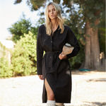 Monrow Asymmetrical Poplin Tie Shirt Dress in‎ Black 100% Cotton, Size Small Photo 7