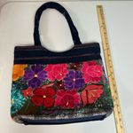 Guatemalan 100% Cotton Handmade Vibrant Embroidered Denim Medium Sized Tote Blue Photo 4