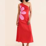 Farm Rio L Flower Cut-Out One Shoulder Midi Dress in Red and Pink Photo 0