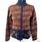 Vintage Zip Front Knit Cardigan by Dressbarn Embroidered Stripe Damask Blue Size 8 Photo 0