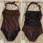 J.Crew Halter Tie Neck Crossover Scoop Back Swimsuit in Dark Brown Size 12 NWT Photo 1