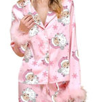 Holiday Christmas Santa Print Satin Pajama Set Small Pink Feathered Hem Lounge Photo 0