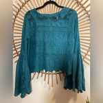 Free People Once Upon A Time Teal Lace Knit Bell Sleeve Top Fairy Boho Photo 2
