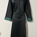 PAMELA MILANO Italian Black Satin Midi Dress IT 50 (XL) Green Cuff Dolman Sleeve Photo 0