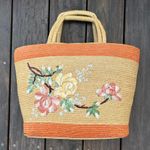 American Vintage Vintage Orange/Yellow Floral Weaved Basket Straw Tote Bag Purse Photo 0