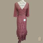 Lace Midi Dress | Mauve Pink Sheer Flutter Sleeves | Cocktail, Wedding Guest Size 6 Photo 4