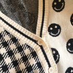 Smiley face cardigan sweater knit black and cream white stripe v Photo 5