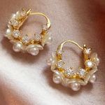 Gold pearl crystal mini hoop earrings coquette floral huggie dainty wedding Photo 2