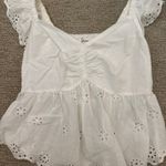 Japna  White Eyelet Embroidery Flutter Sleeves Ruching Peplum Top Photo 0