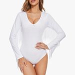 American Trends White Fringe Trim V Neck Long Sleeve Bodysuit Cowgirl Jumpsuit L Size L Photo 2