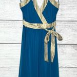 BCBG Paris Teal Blue & Shimmery Gold Belted Halter Mini Dress Size 4 Small Photo 10