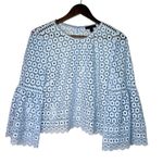 J.Crew Daisy Eyelet Bell Sleeve Blouse Jewel Neck Back Zip Up 10 Baby Blue Photo 1