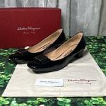 Salvatore Ferragamo Black Patent Leather Chunky Kitten Heels Pumps size 10 AA Photo 0