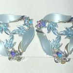 Vintage Silver Tone Light Blue Thermoset AB Rhinestone Clip On Earrings Photo 0