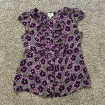 Milly  purple, black & white floral button front cap sleeve silk top size 8 Photo 5