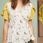 Anthropologie Meadow Rue Bon Voyage Floral Wrap Blouse Cream/Yellow Women sz 14 Photo 0