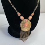 Boutique Long Peach Moonglow Lucite Fringed Pendant Gold 30” Photo 0