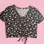 SheIn  Black Floral Ruched Drawstring V-Neck Short Sleeve Crop Top Photo 1