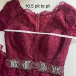 Mac Duggal Crimson Red Lace Bell Sleeve Cocktail Dress Beaded Waist Photo 7