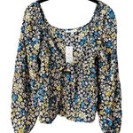 Patrons of Peace  Floral Puff Sleeve Crop Top Navy Blue Yellow Daisy‎ Print Photo 0