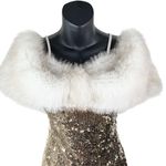 COQUETTE Y2K Mermaid Sequins Body Con Mini Dress Faux Fur Off Shoulder Women’s M Gold Size M Photo 7