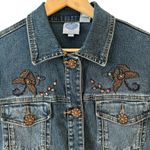 Diane Gilman Women’s Denim Funky Boho Jacket Rhinestone Buttons‎ Beaded Fringe Blue Size M Photo 2