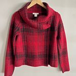 CHRISTIAN SIRIANO red black plaid single button cowl neck wool blend sweater Photo 1