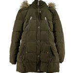 Nautica Puffer Jacket Faux Fur Detachable Hood Mid Length Winter Snow Green M Photo 0