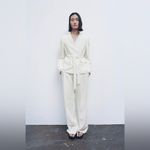 ZARA Women Bloggers Fav Oyster White Linen Blend Belted Business Blazer Size M Photo 4