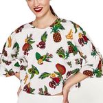 ZARA Fruit Poplin Blouse Top Balloon Sleeves Colorful Off White SMALL NEW Photo 0