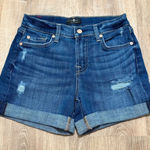 7 For All Mankind | Women's Mid Roll Distressed Blue Cuffed Denim Shorts, 25 Photo 0