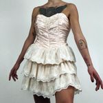 Vintage 90’s Strapless Satin Corset Mini Dress with Lace Ruffle Skirt | Size XS Pink Photo 1