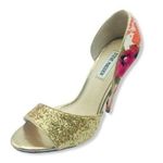 Steve Madden Delacaci D'Orsay Shoes Open Toe Cone Heels 8 Gold Glitter Floral Photo 0