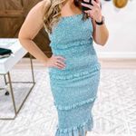 SheIn Green Floral Daisy Print Midi Smocked Bodycon Dress w/ Ruffles Size Medium Photo 8