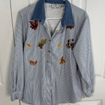 Sara Studio striped denim collar leaf embroidered size 1X Blue Photo 0