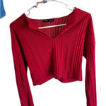 SHEIN Red Ribbed Knit Cropped Top Long Sleeve V Neck Collar Size S Red Photo 0