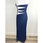 XScape Elegant Navy Blue Strapless Ruched Gown Embellished Waist Long Formal Evening Photo 3