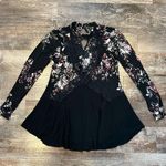 Daytrip  High Neck Long Sleeve Black Floral Blouse with Lace Keyhole Size XS Photo 0