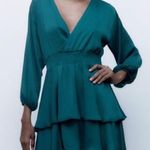 ZARA NWT  Teal Long Sleeve Satin Mini Dress Elastic Waist Ruffled Hem V-Neck M Photo 0