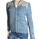 Vintage Women’s Size S Blue Wool Hand Knit White Boucle Zip Up Sweater Cardigan Photo 2