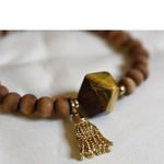 Source Unknown Trendy Faceted Tiger's Eye Center Stone Tassel Charm Wood Beads 7" Bracelet Photo 2