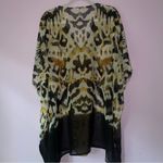 Chiffon Kimono 2X Blouse Boho Ikat Longline Sheer V Neck Swim Cover Black Photo 5