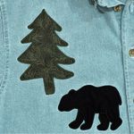 Three Rivers North Woods Trees and Bear Appliqué Teal Denim Shirt Size Small Blue Photo 1