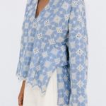 ZARA Blue & White Floral Embroidered Boho Eyelet Linen Blouse Women Sz S Photo 2