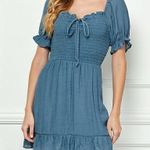 As You Wish A.U.W AS U WISH Plus Size Puff Sleeve Smocked Ruffle Dress Olive Green Boho Mini Photo 2