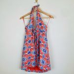 Maeve linen blend button front orange & blue print tie front halter dress. Large Photo 4