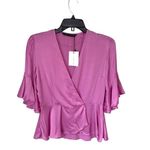 ZARA Satin V-Neck Bell Short Sleeve Snap Front Wrap Blouse Pink Size XS NWT Photo 1