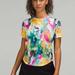 Lululemon High Neck Run and Train Tee in No Limits White Multi Sz 4 Photo 0