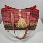 Crossing Pointe Raffia Beach Bag 14" Pink Brown Colorblock Tan Straw Diamond Photo 12